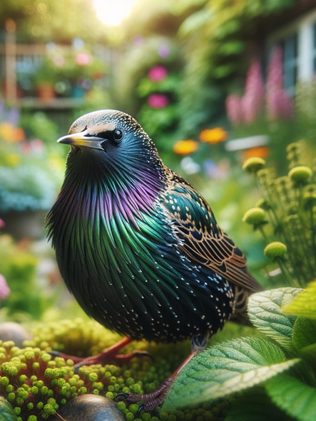 DALL·E 2023-11-02 15.57.31 - Photo of a European Starling (Sturnus vulgaris) perched in a lush garden setting. The bird's iridescent feathers glisten with shades of green and purp